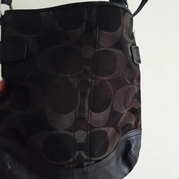 Coach Black Leather Dark Brown Canvas Signature Crossbody Bag Purse - Picture 9 of 15